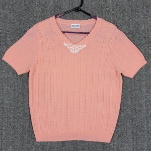 Blair Sweater Womens L Orange Vintage Short Sleeve V Neck Scallop Trim